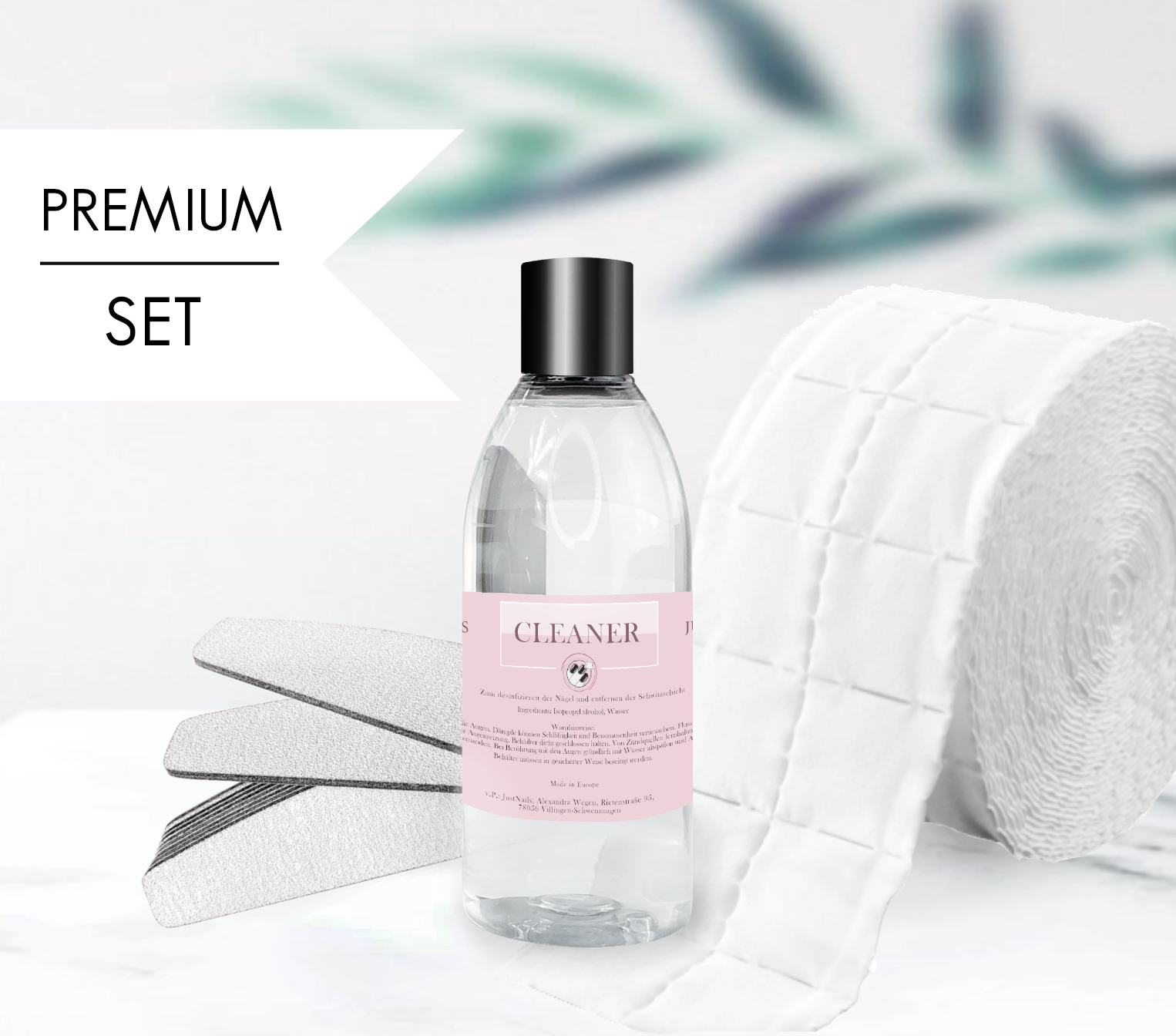 Cleaner-Set-klein JUSTNAILS Spar Set - 100ml Cleaner - 250 Zellstofftupfer - 5 Zebra Feilen Halbmond S