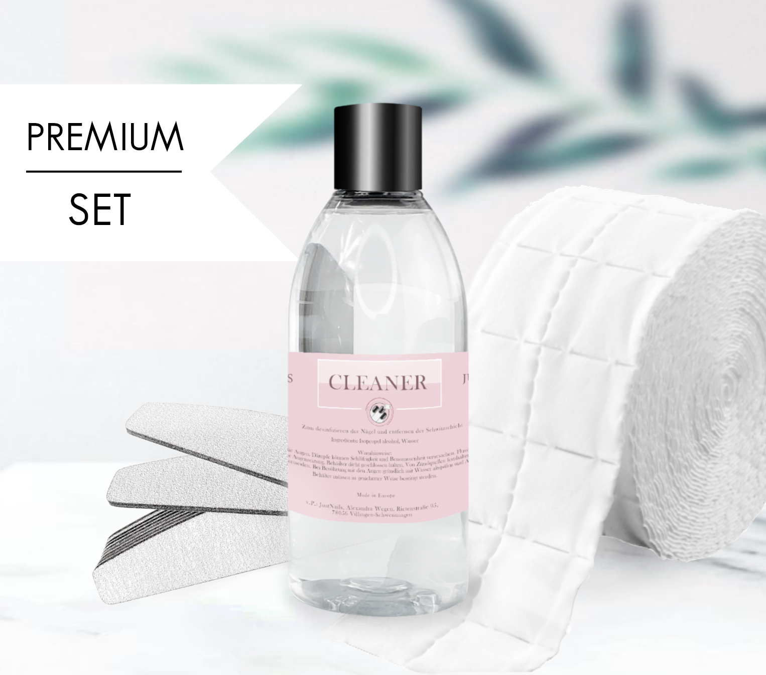 Cleaner-Set-M JUSTNAILS Spar Set - 500ml Cleaner - 500 Zellstofftupfer - 25 Pro Feilen Halbmond