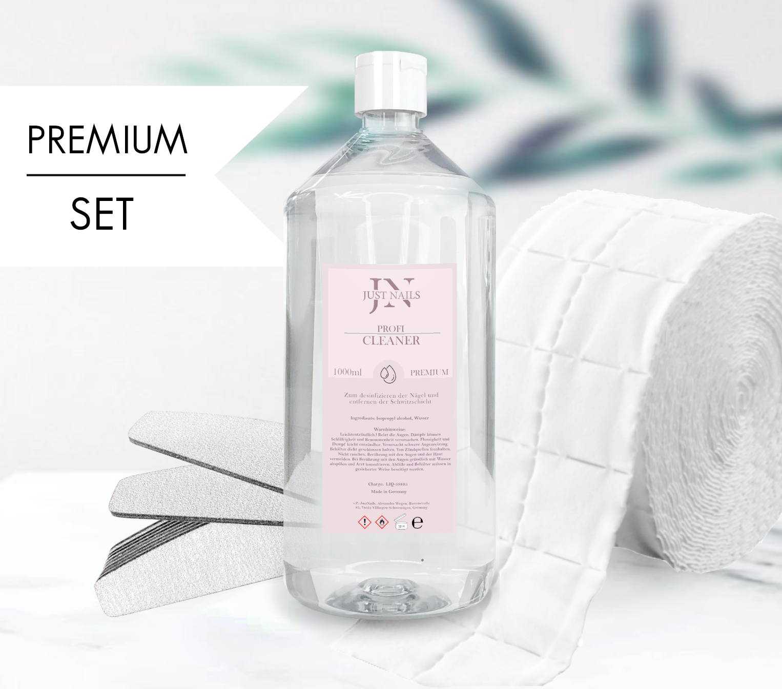 Cleaner-Set-L JUSTNAILS Spar Set - 1L Cleaner - 500 Zellstofftupfer - 50 Zebra Feilen Halbmond