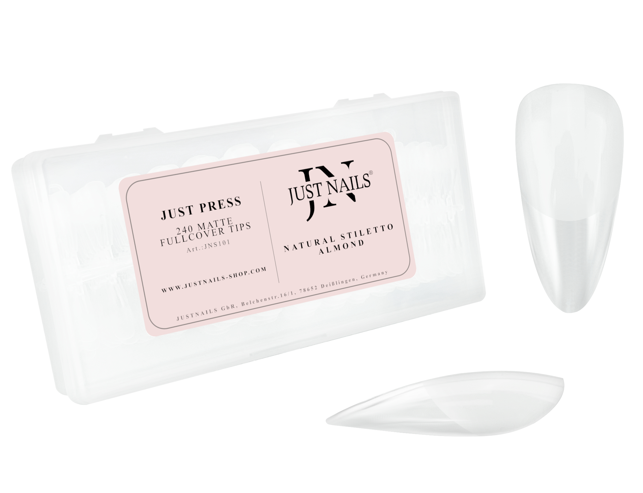 101-Fullcover-Press-on-Tips-matt-Coffin-mandel-almond-Ballerina JUST PRESS - Natural Stiletto Almond Fullcover Soft Gel Press On Tips Nails in Box 240 Stk